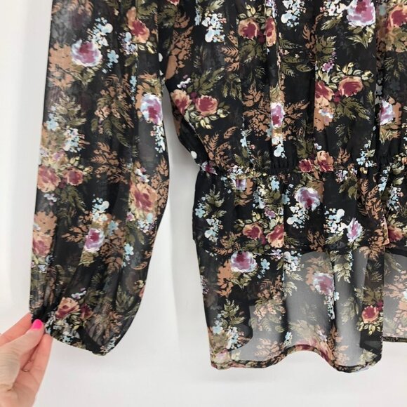 Pleione  Black Floral Peasant Tunic sheer balloon sleeve blouse LG - Picture 14 of 16